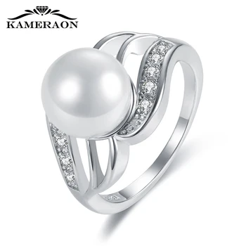 KAMERAON Elegantná Cubic Zirconia Pearl Krúžok Strieborná Farba Šperky Duté-vyrezávané Dizajn Žena pre Svadobné Široký Krúžky R0917