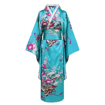 Onesize Žena Japonské Kimono Župan Šaty tvaru Satin Večierok Prom Šaty Vintage Cosplay Kostým Celý Rukáv Šaty