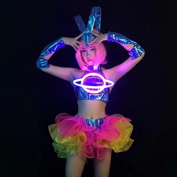 Ženy Sexy Gogo Dance Kostým LED UFO Svetlo nočný klub Otváracie Zobraziť Tanečník Oblečenie Dj Ds Rave Festival Oblečenie Clubwear VDB5906